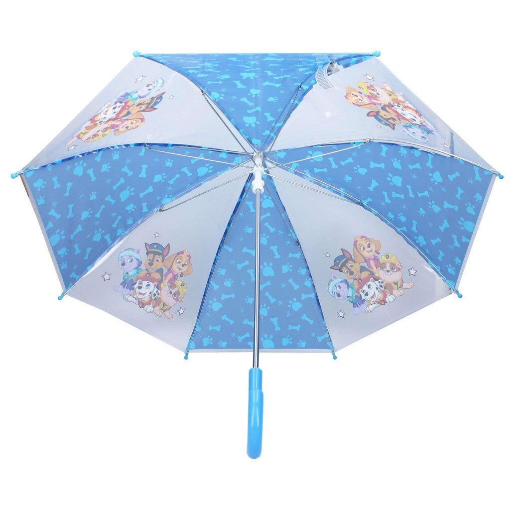 Kids Paw Patrol umbrella, open canopy with multiple character panels and blue border