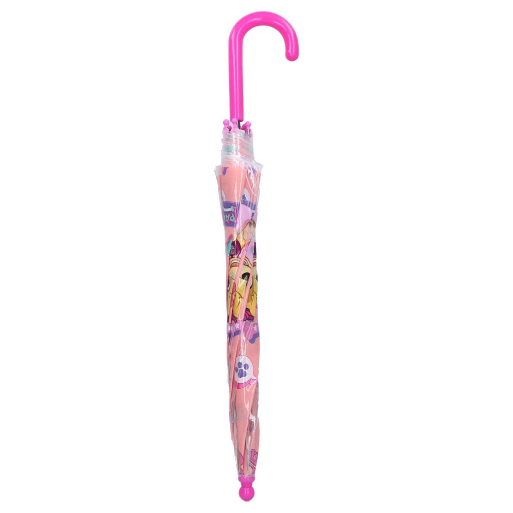 Kids Paw Patrol clear umbrella with pink curved handle, printed shaft