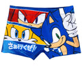 Sonic character print swim trunks with blue, red, and white graphics