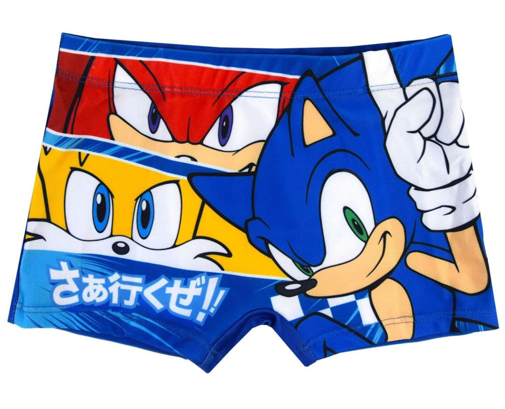 Sonic character print swim trunks with blue, red, and white graphics