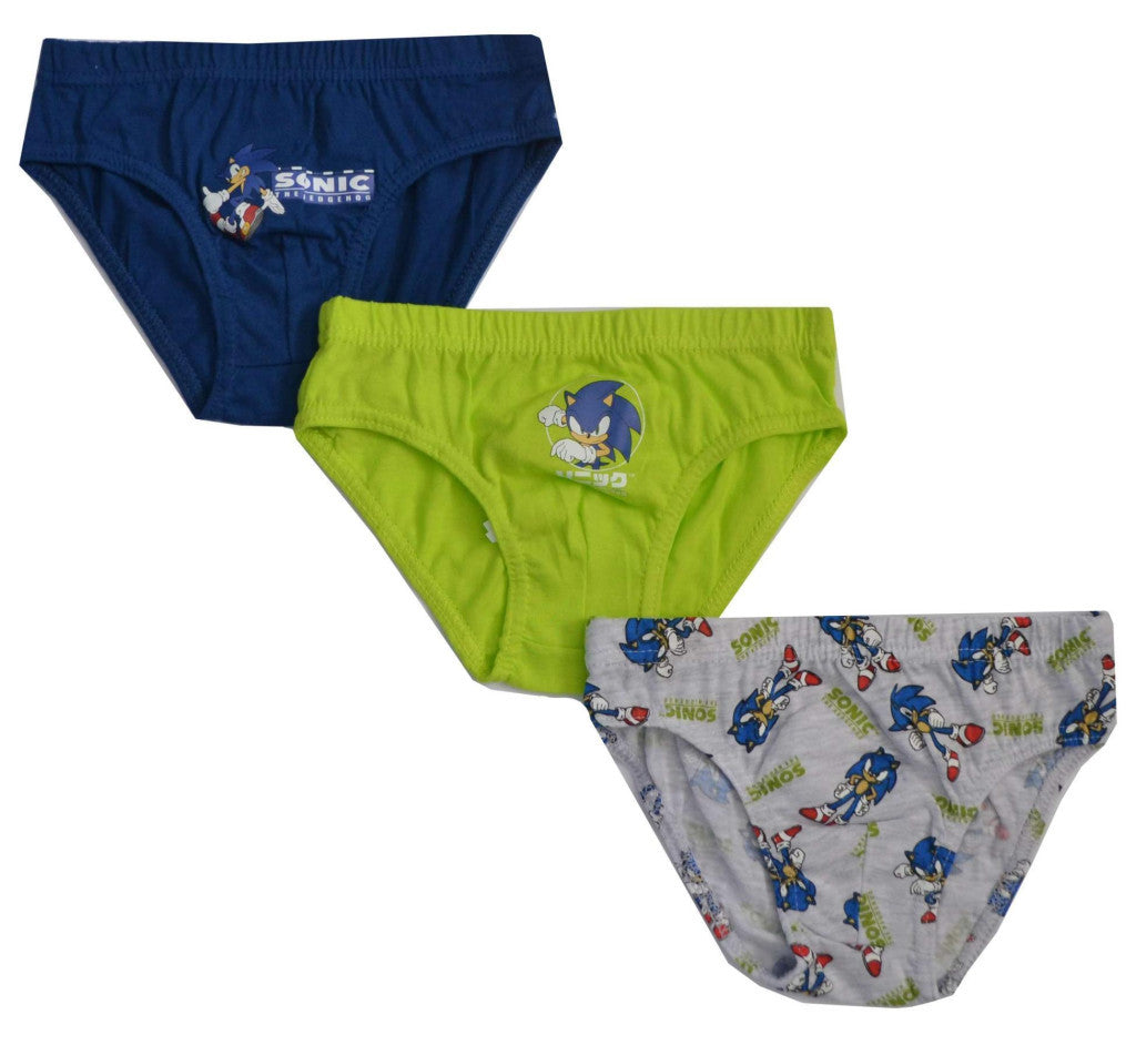 Boys' Sonic character briefs underwear set: navy, lime green, and gray prints.