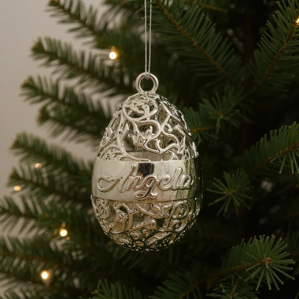 Personalized floral egg christmas bauble | antique gold metallic ornament | set of 2 or 4