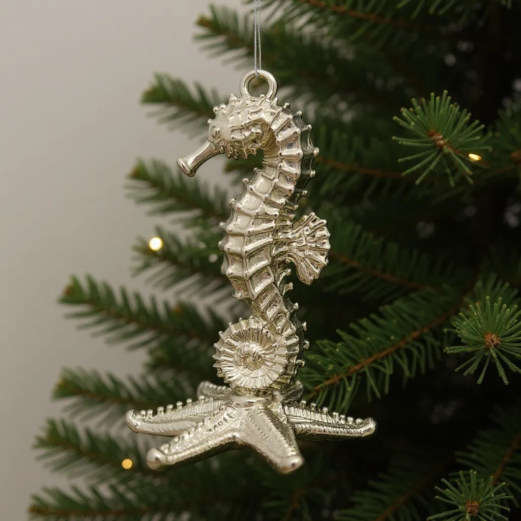 Seahorse Christmas Ornament | Coastal Metallic Tree Décor in Gold, Silver & Antique | Set of 2 or 4