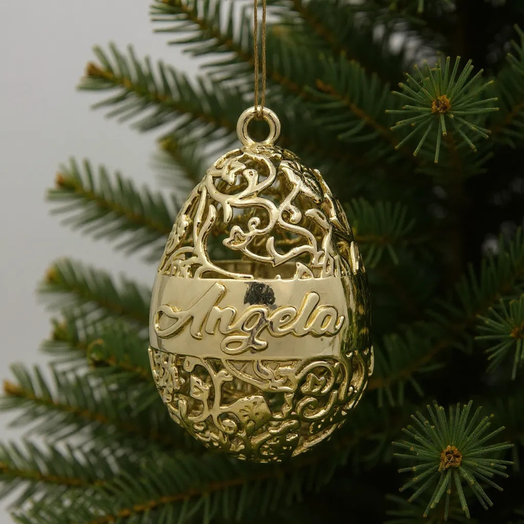 Personalized floral egg christmas bauble | antique gold metallic ornament | set of 2 or 4