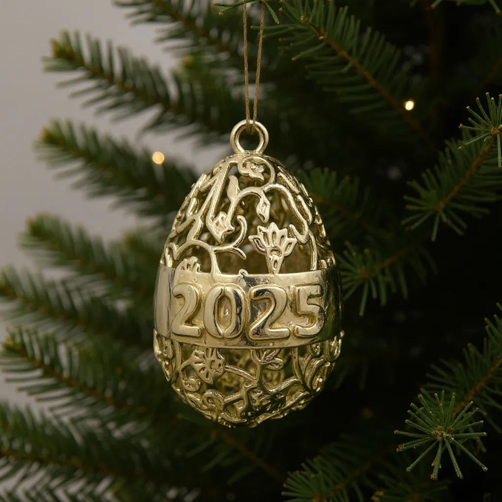 Personalized floral egg christmas bauble | antique gold metallic ornament | set of 2 or 4