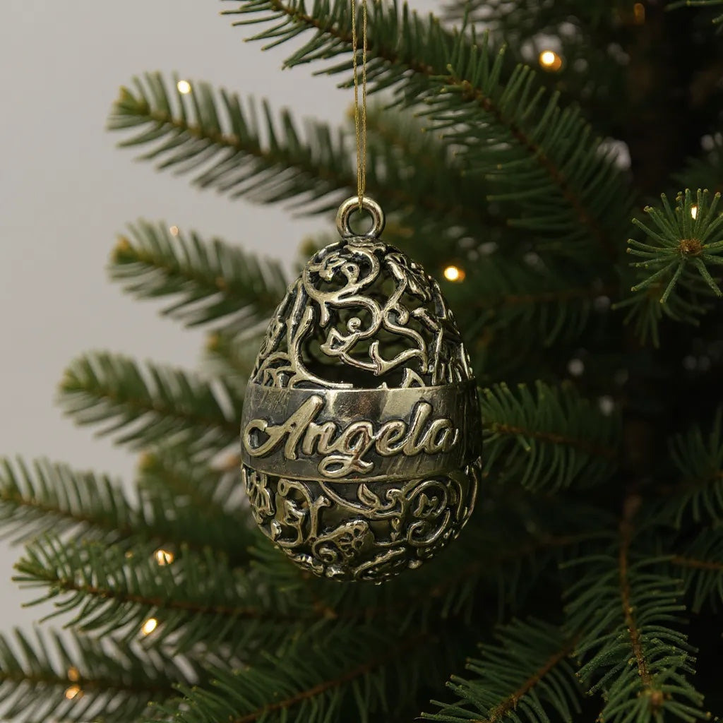 Personalized floral egg christmas bauble | antique gold metallic ornament | set of 2 or 4