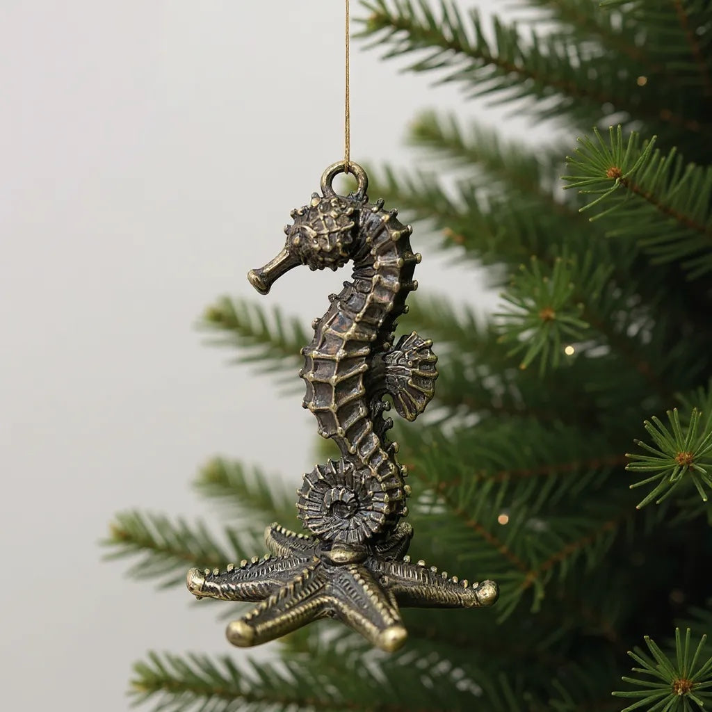 Seahorse Christmas Ornament | Coastal Metallic Tree Décor in Gold, Silver & Antique | Set of 2 or 4