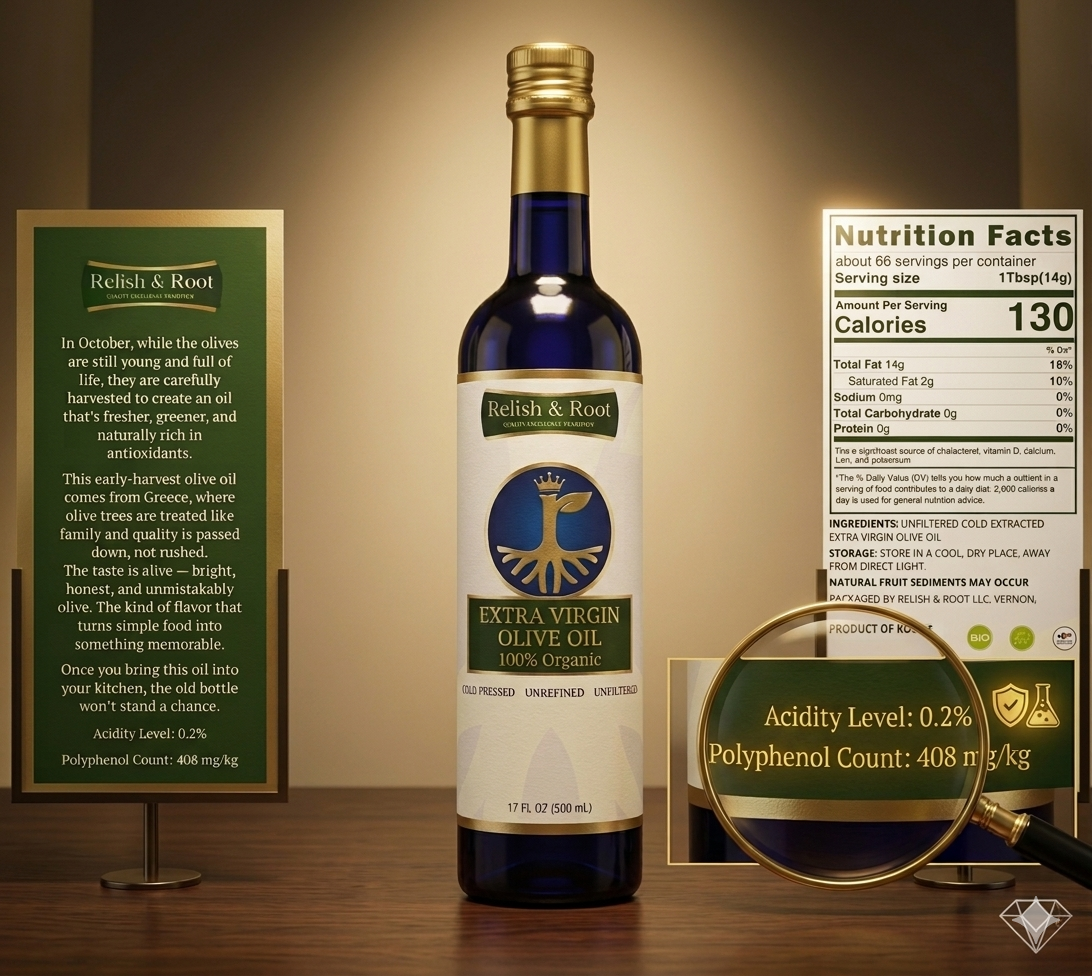 Relish & Root 100% Organic Extra Virgin Olive Oil