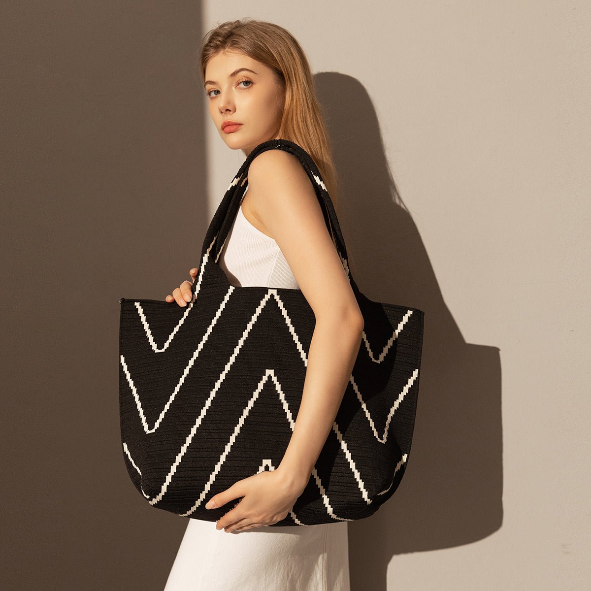 Retro Chevron Canvas Tote Bag – Heavy-Duty Woven Geometric Pattern Shoulder Tote with Interior Zip Pocket - Totes at Dealshubindia
