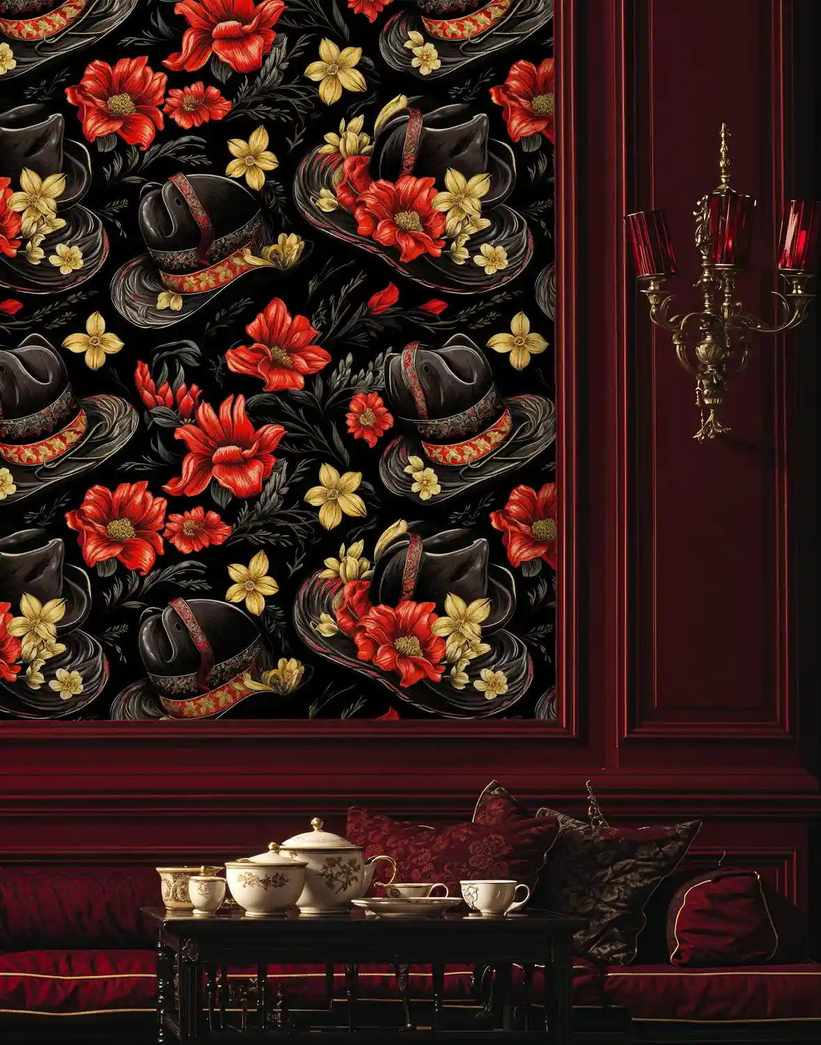 Ornate Western Hats Floral Wallpaper