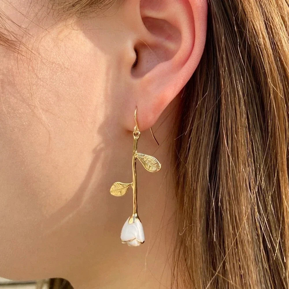 Textured Jewellery White Enamel Flower Gold Drop Earrings Fashion Accessories