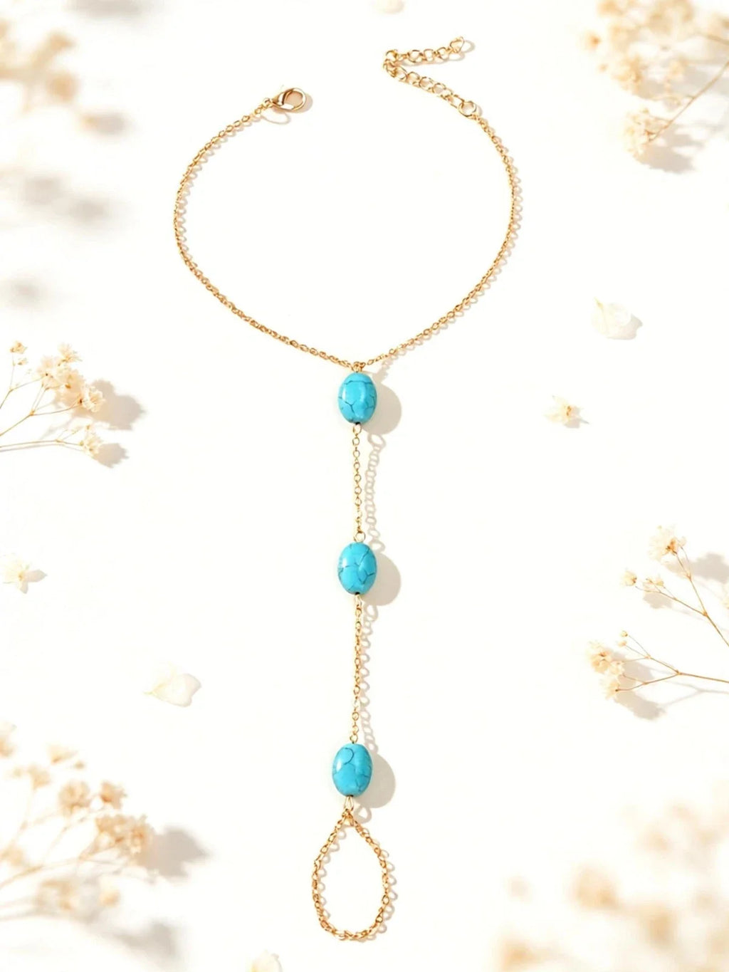 1 pc Bohemian Foot Beach Jewelry Gold Chain Turquoise Beads Anklet with Toe Ring