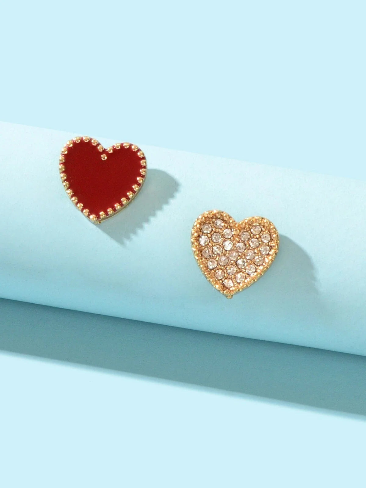 Full Rhinestone Red Enamel Heart Asymmetric Stud Gift Earrings For Women Teens