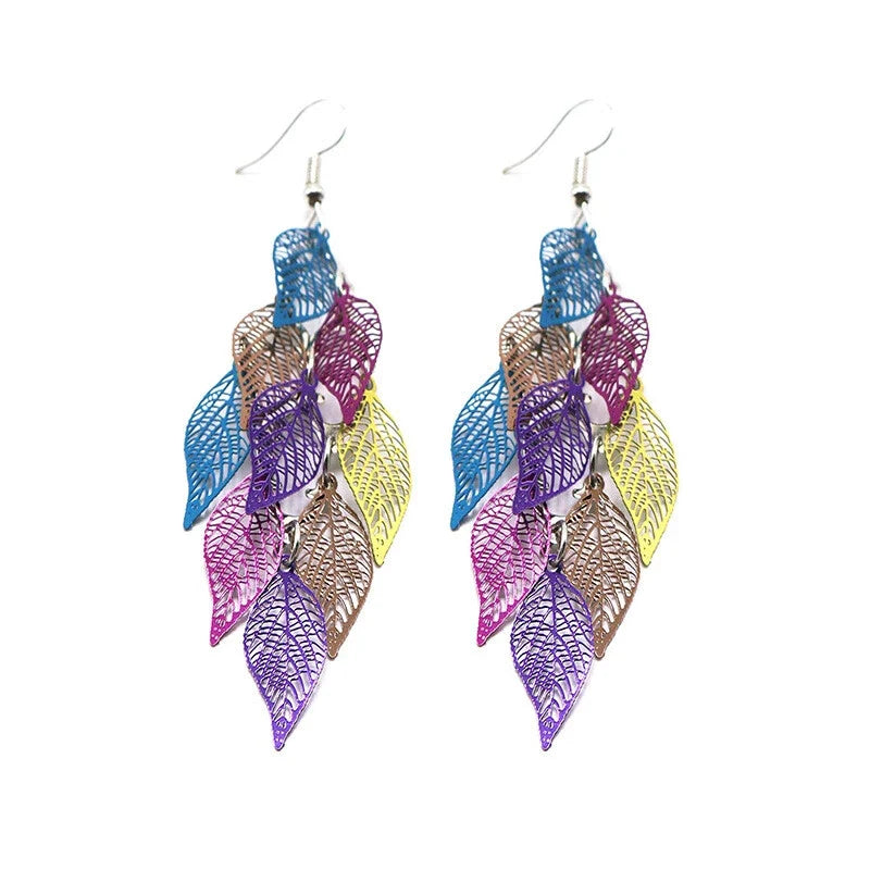 AU Local Bohemian Colorful Hollow Layered Leaf Stacks Hook Drop Dangle Earrings