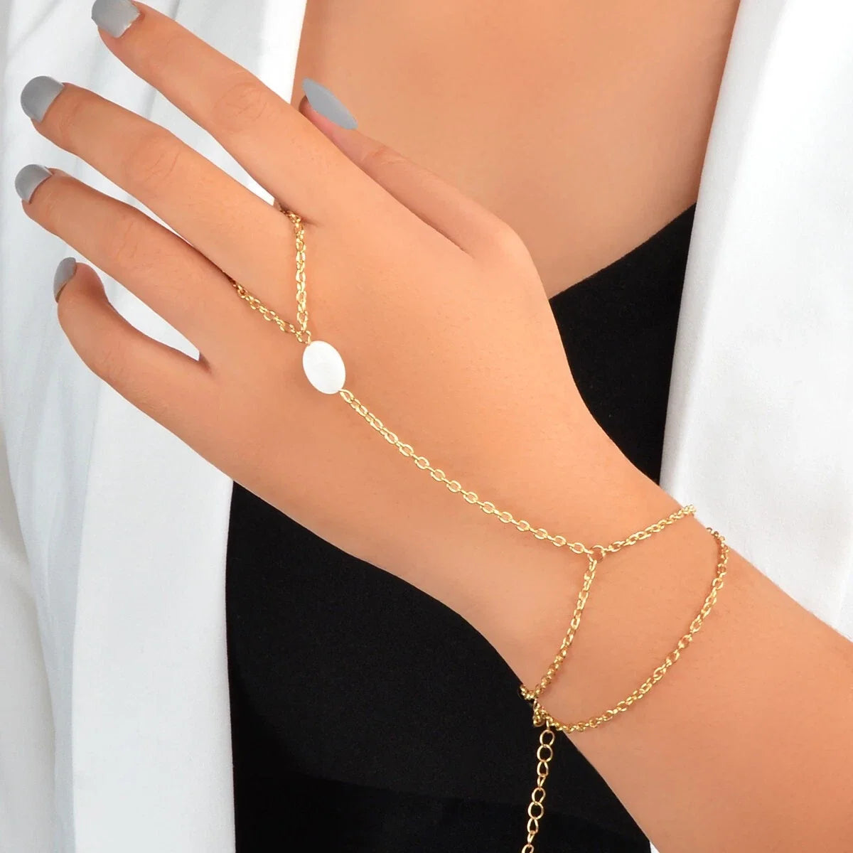 Double Layer Gold Tone Chain Shell Charm Slave Bracelet with Finger Ring Gift