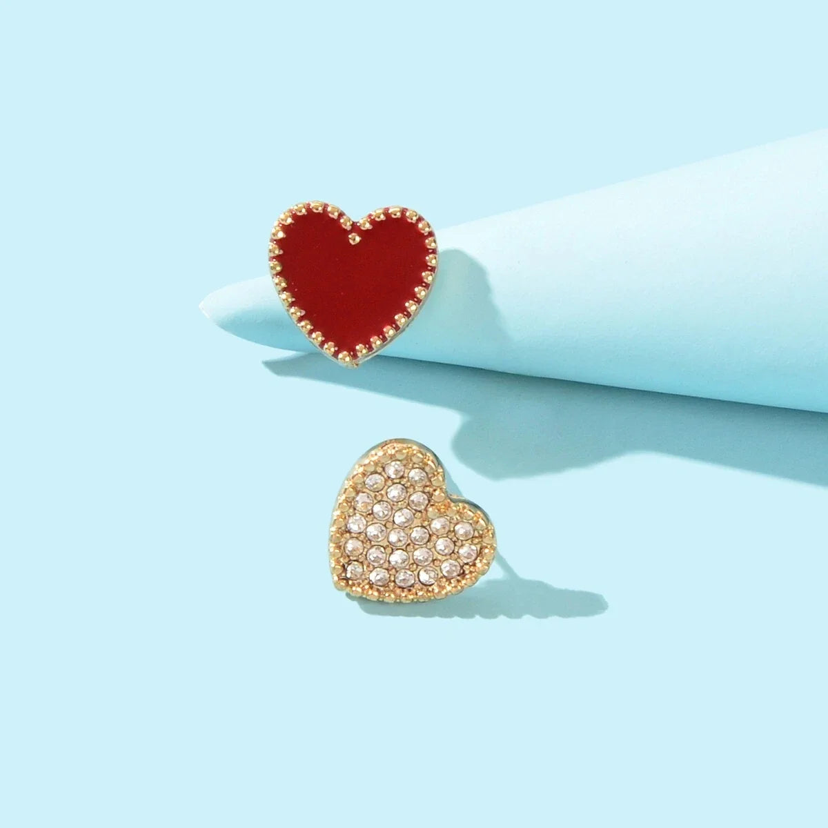 Full Rhinestone Red Enamel Heart Asymmetric Stud Gift Earrings For Women Teens