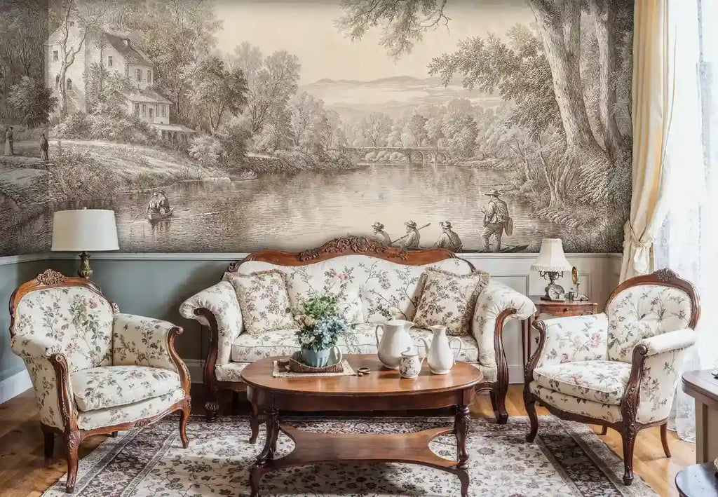 Pastoral River Landscape Wall Mural in Beige and Brown-3