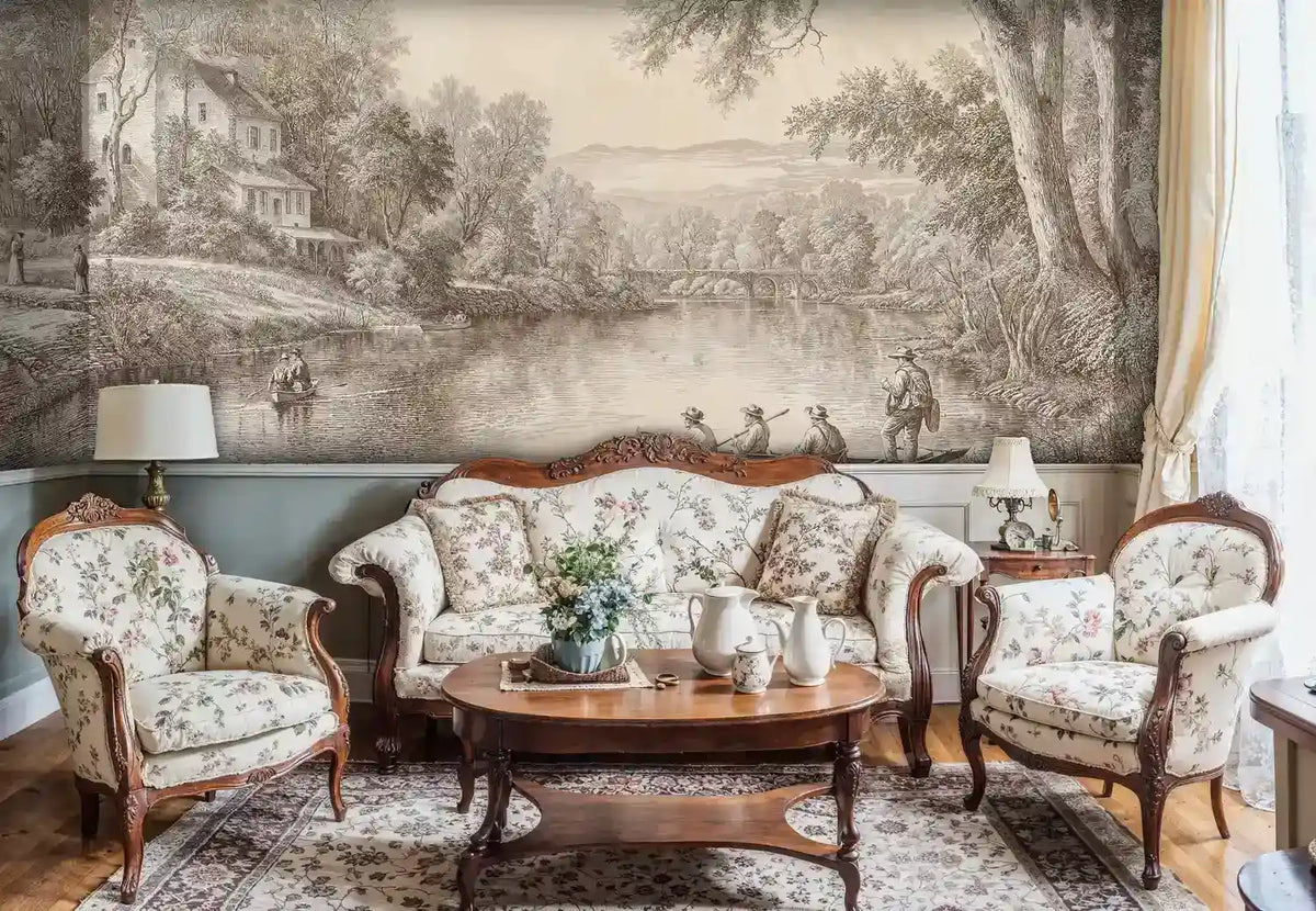 Pastoral River Landscape Wall Mural in Beige and Brown-3