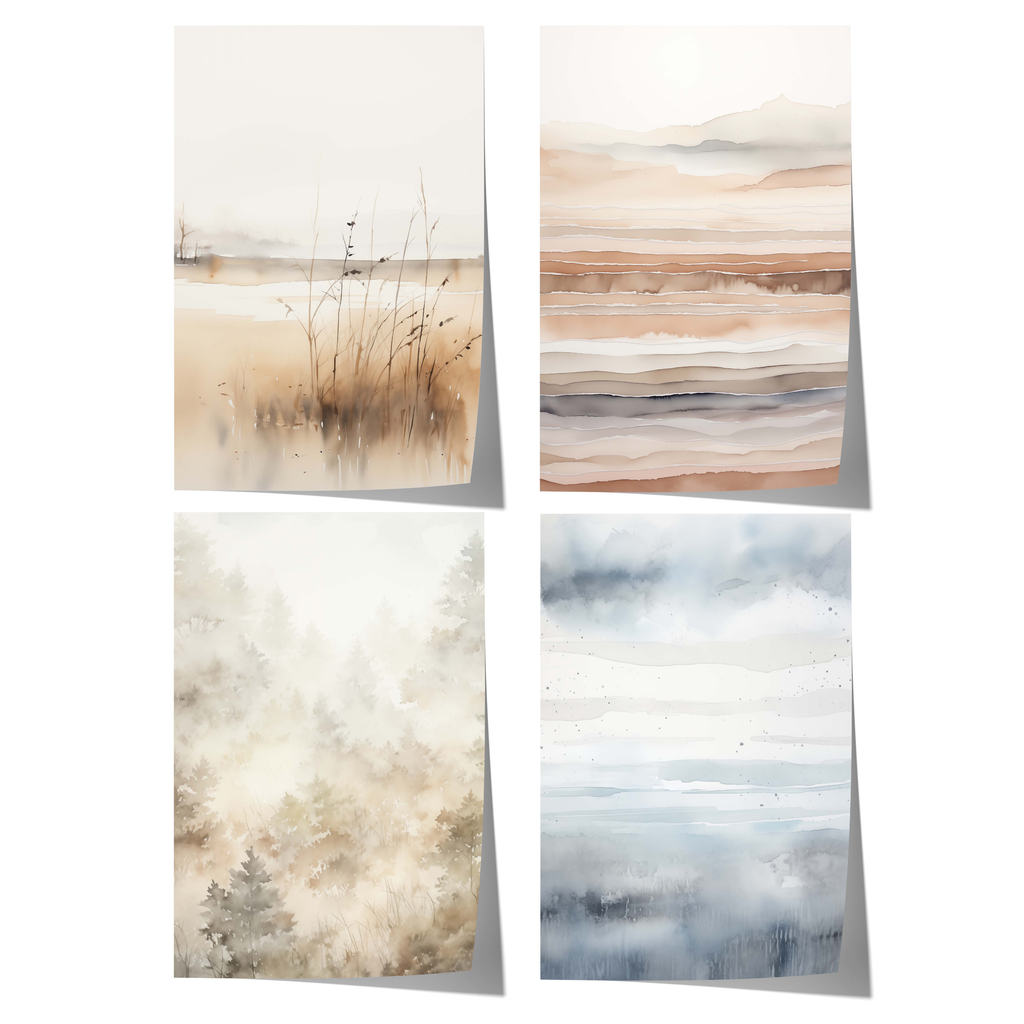 Skandinavische Natur Poster · Geschenkidee · Sanfte Aquarell Landschaften und Nebelwald Wandkunst für Wohnzimmer · Print ohne Rahmen