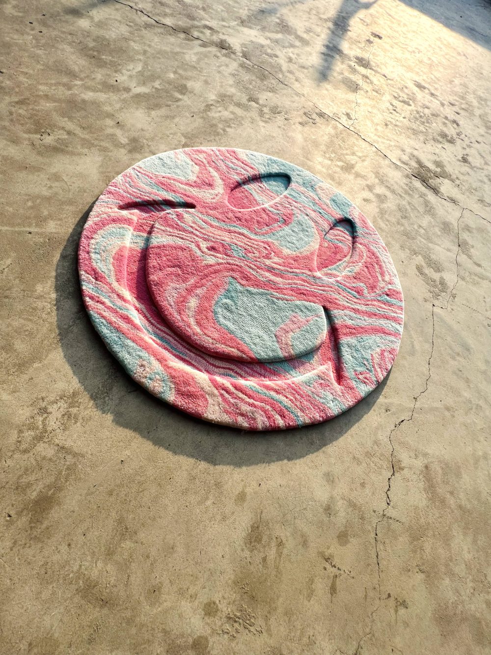 Hand Tufted Smiley Face Round Wool Rug | Pink, Aqua Blue & White | Smiley by Rugfine