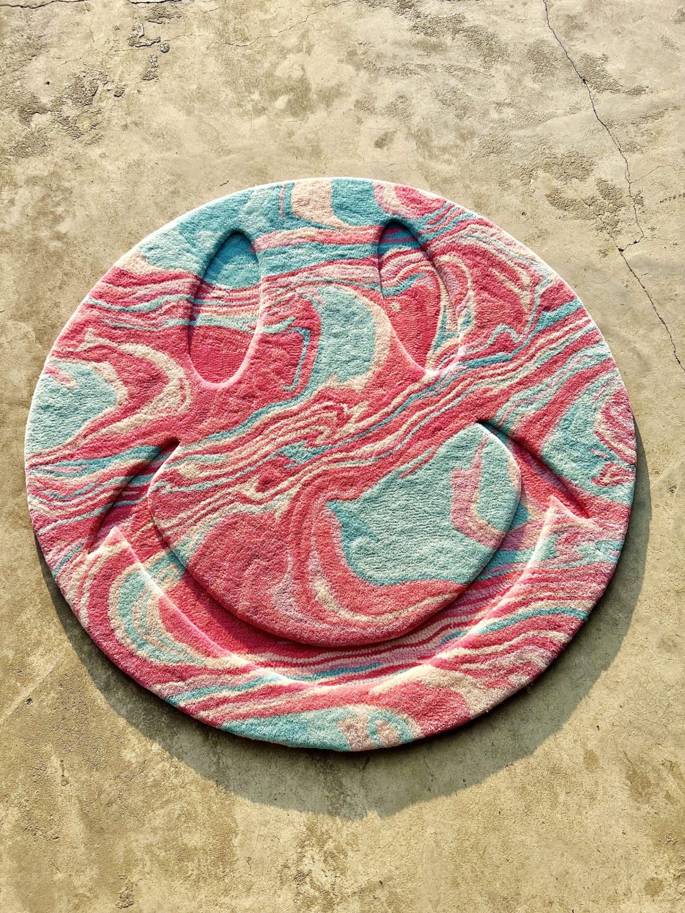 Hand Tufted Smiley Face Round Wool Rug | Pink, Aqua Blue & White | Smiley by Rugfine