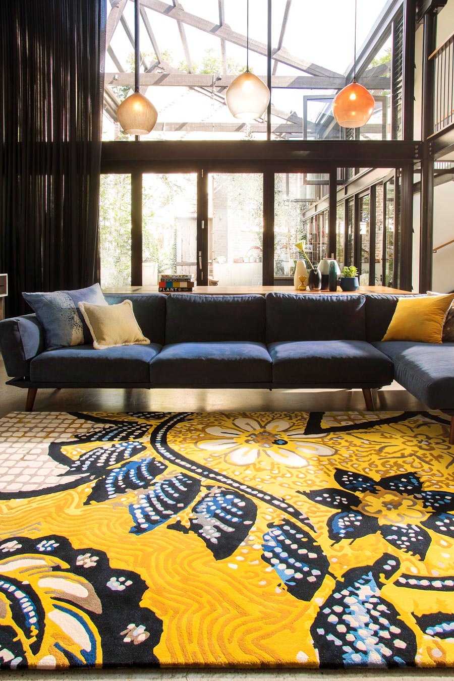 Solaze Rug | Golden Yellow, Navy Blue & White | Hand Tufted New Zealand Wool | Rugfine