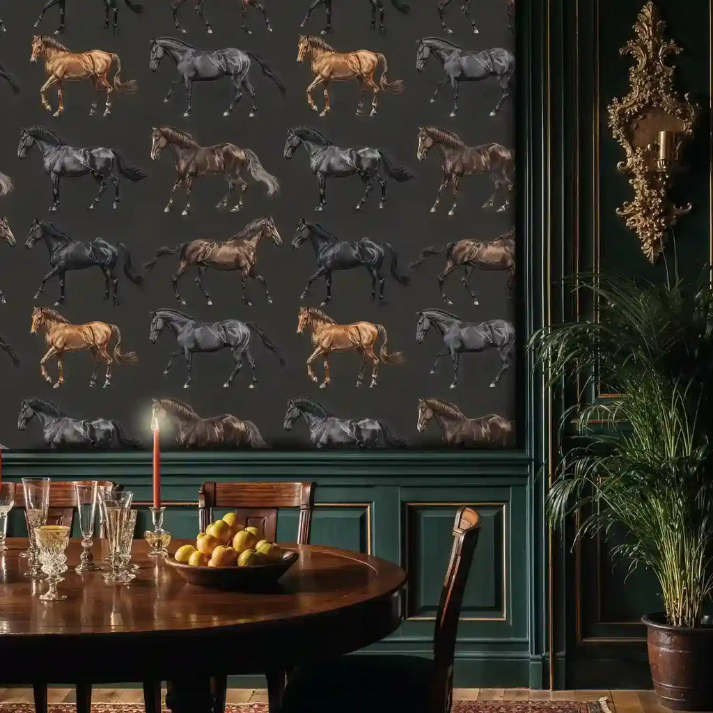 Equestrian Horses Wallpaper in Black and Brown