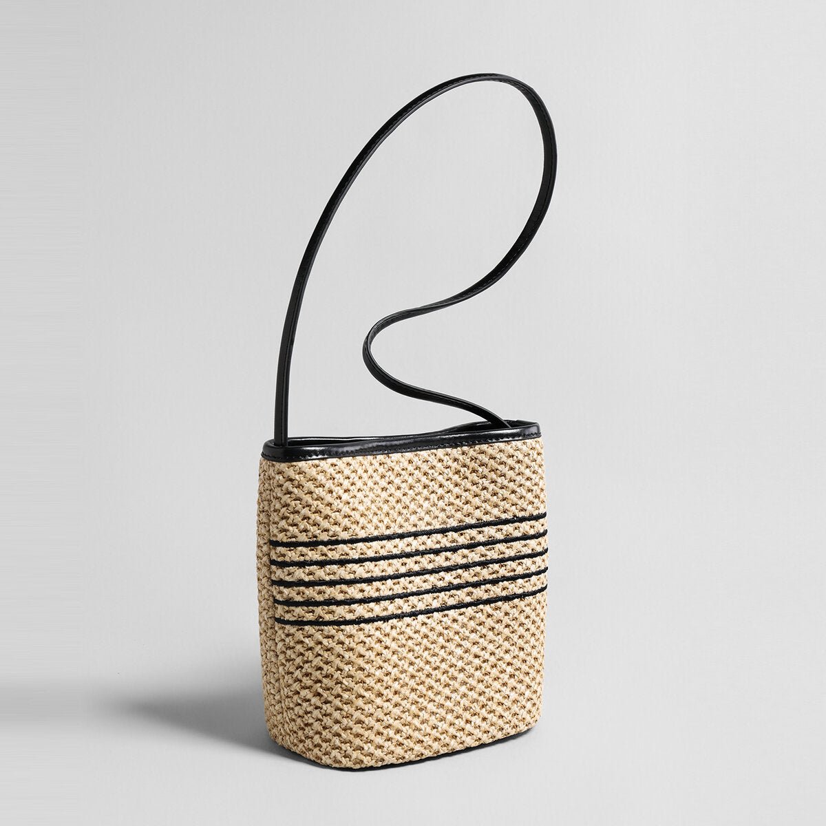 Striped Woven Straw Bucket Bag – Marte Grass Leather Trim Shoulder Bag - Buckets at Dealshubindia