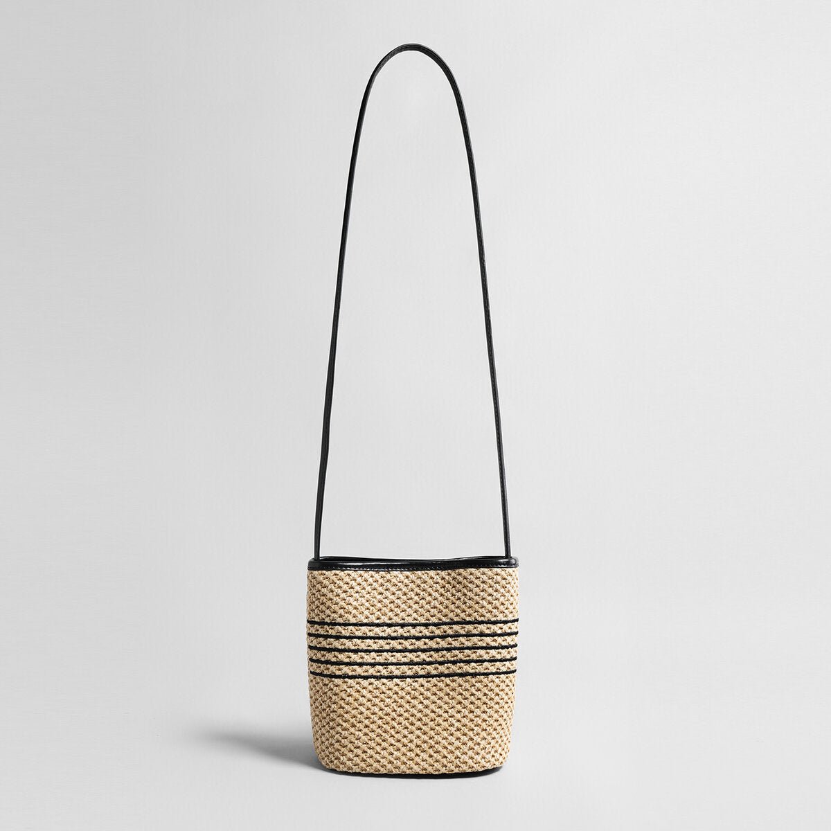 Striped Woven Straw Bucket Bag – Marte Grass Leather Trim Shoulder Bag - Buckets at Dealshubindia