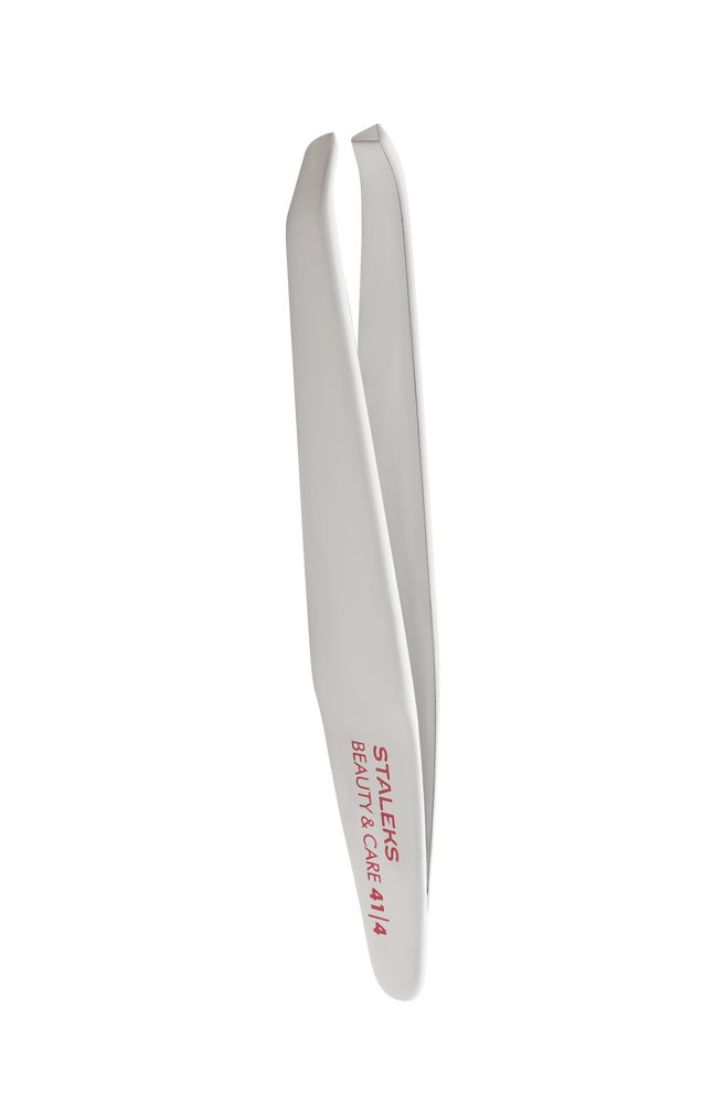 White slant eyebrow tweezers with red text on the handle