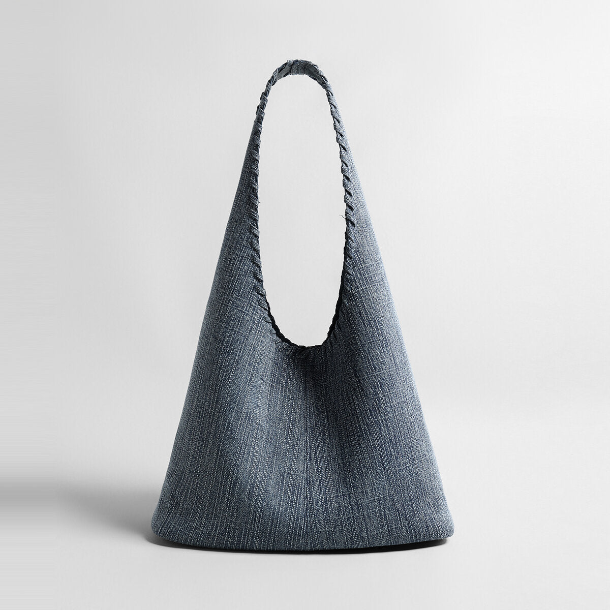 Textured Denim-Style Woven Hobo Tote Bag – Whipstitch Trim Shoulder Bag with Leather Lining - Totes at Dealshubindia
