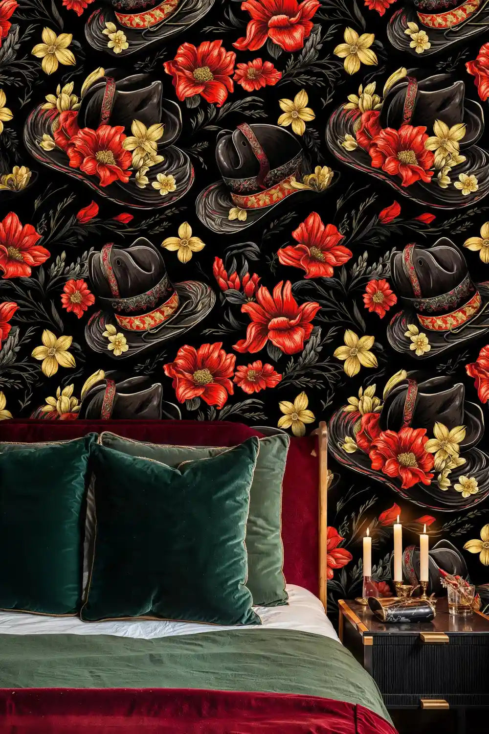 Ornate Western Hats Floral Wallpaper