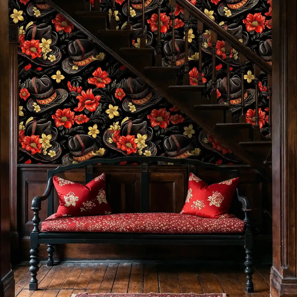 Ornate Western Hats Floral Wallpaper