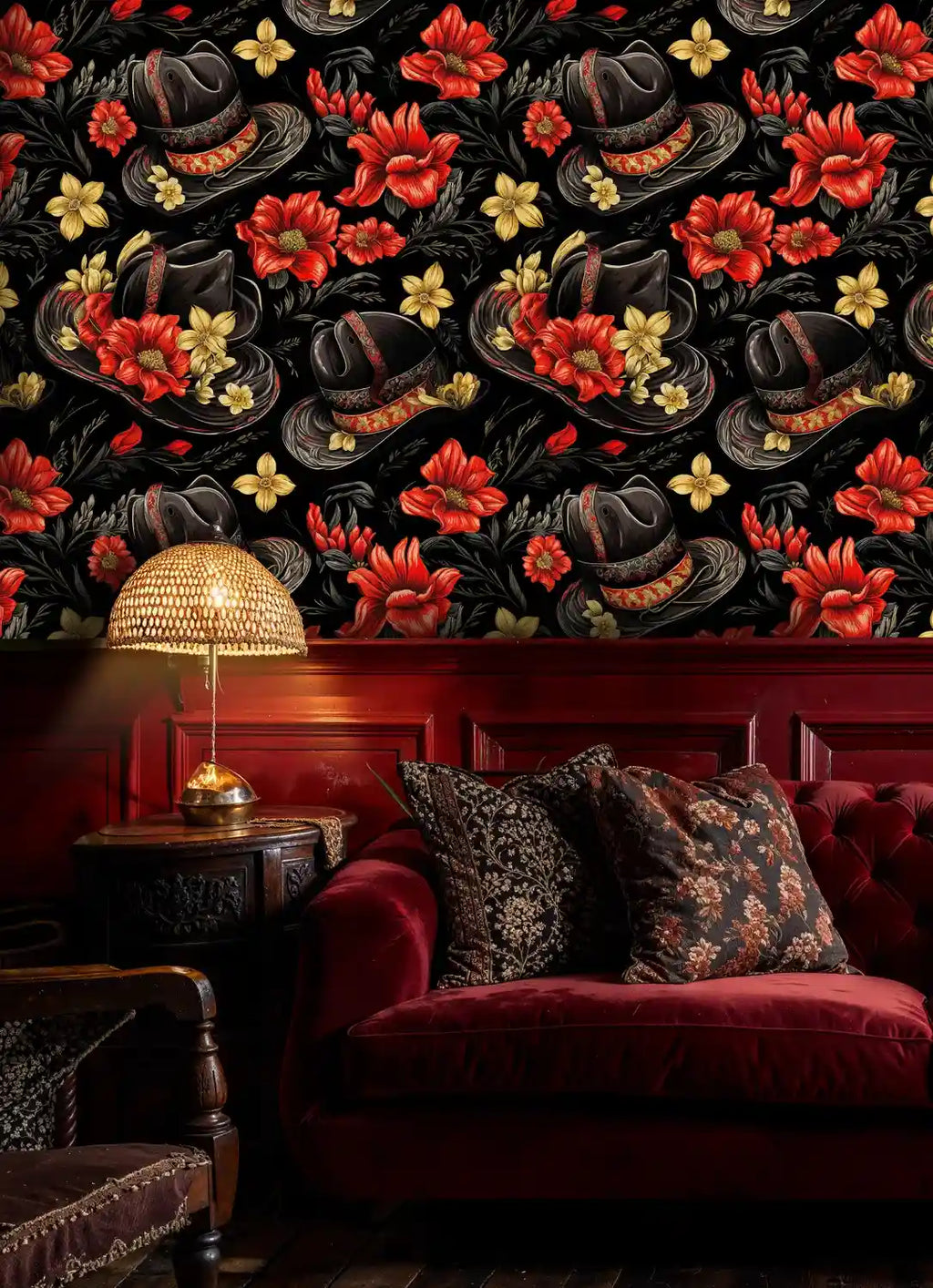 Ornate Western Hats Floral Wallpaper