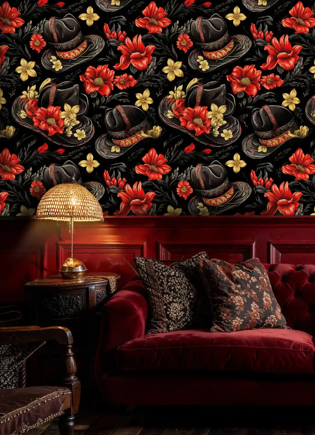 Ornate Western Hats Floral Wallpaper