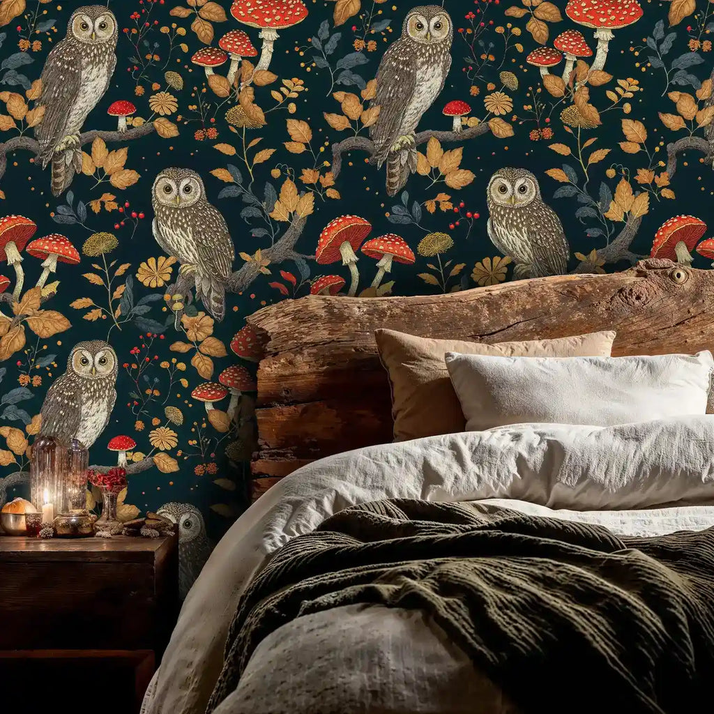Woodland Owls and Mushrooms Wallpaper