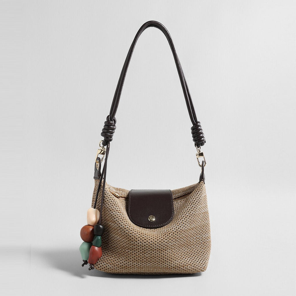 Woven Textile Shoulder Bag – Leather Flap, Beaded Charm & Convertible Strap - Shoulder Bags at Dealshubindia