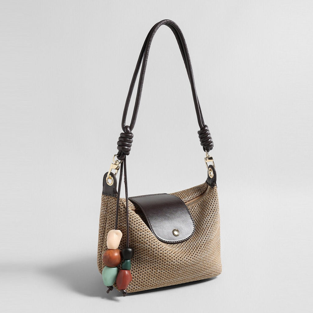 Woven Textile Shoulder Bag – Leather Flap, Beaded Charm & Convertible Strap - Shoulder Bags at Dealshubindia