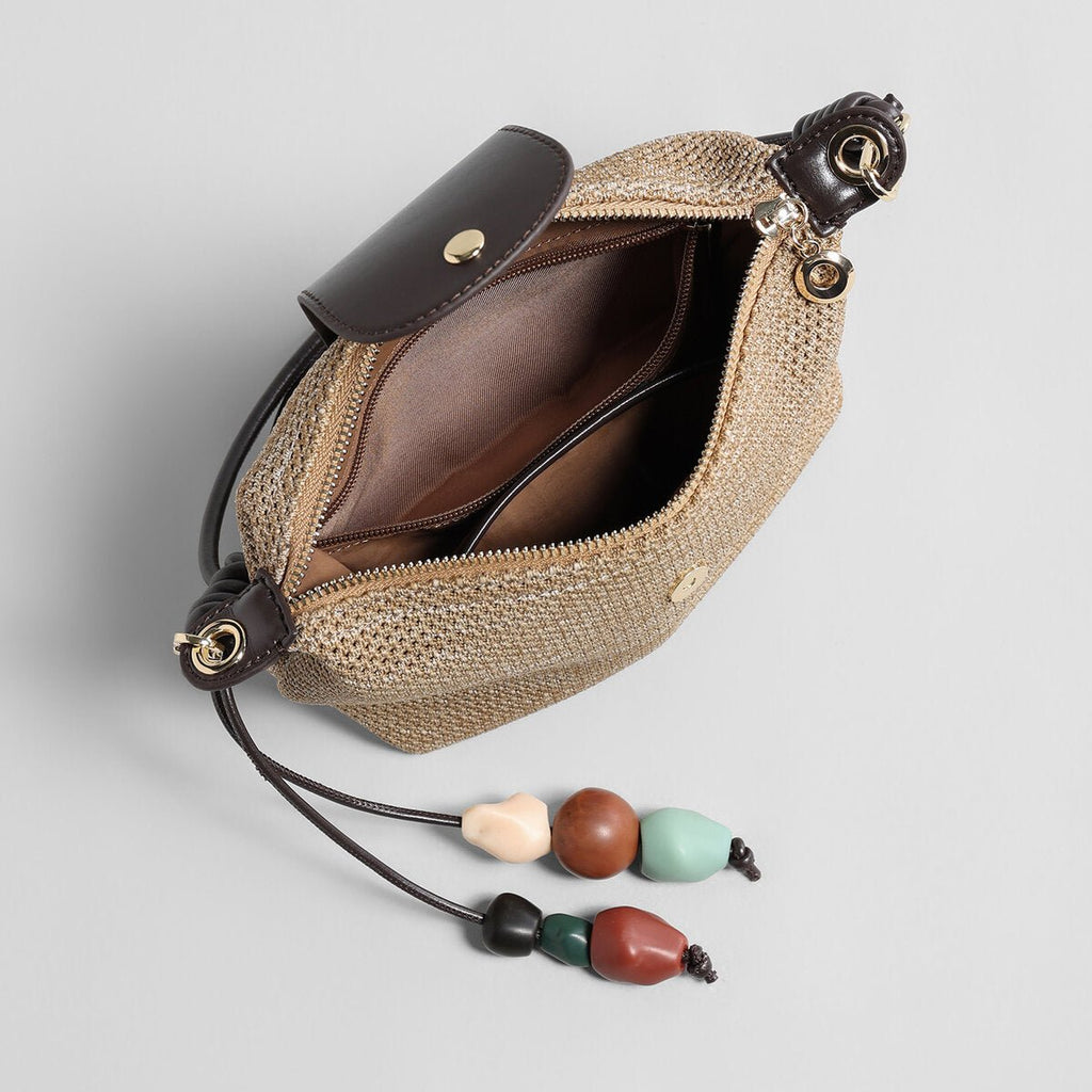 Woven Textile Shoulder Bag – Leather Flap, Beaded Charm & Convertible Strap - Shoulder Bags at Dealshubindia